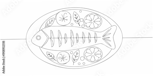 A simple line drawing of a fish served with citrus and foliage