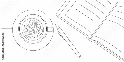 A simple outline of coffee an open book and a pen on a surface