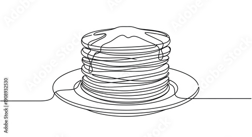 Stack of Pancakes with Syrup, Single Line Art