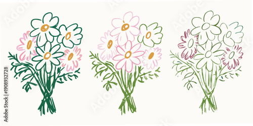 Simple floral bouquets with sketched daisy like flowers in green pink and gray