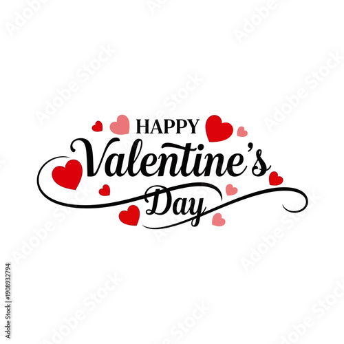 A festive graphic design wishing 'Happy Valentine's Day' with elegant script typography and numerous red and pink heart decorations.