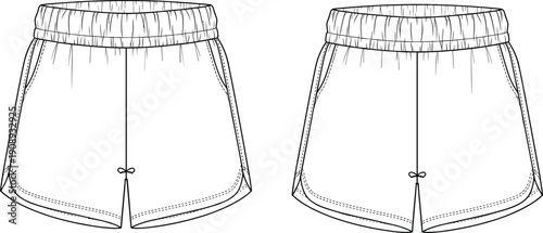 Technical flat sketch of women's sports shorts with elastic waistband and side pockets vector illustration for fashion design template and apparel manufacturing mockup.