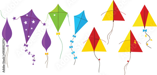 Colorful flying kite collection vector illustration set with traditional festival kites isolated on background for outdoor celebration design