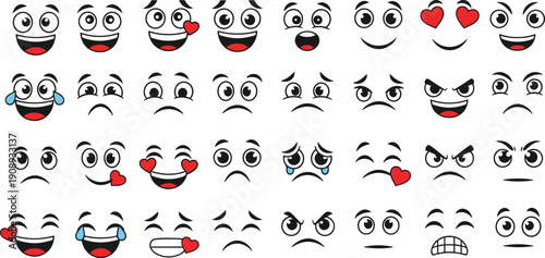 Manga character creator kit featuring various facial expressions and emotions with matching black trousers and white sneakers for custom anime avatar design assets on white.