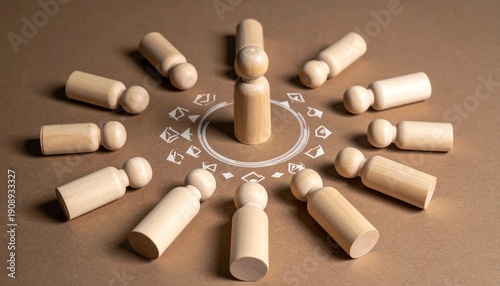 Central upright wooden figure surrounded by lying figures in circular pattern with inward diamond symbols, symbolizing leadership and influence.