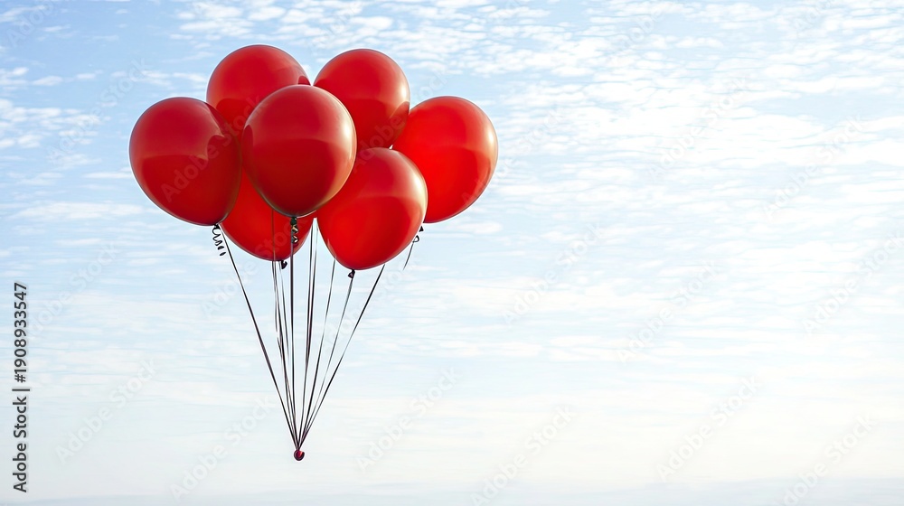 Obraz premium A bunch of red balloons against a blue sky with light clouds background. It's ideal for celebrating holidays, parties, or showing dreams.