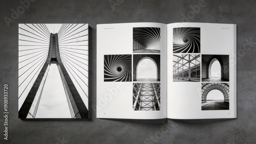 Modern architecture photography book mockup featuring bridges arches and structural geometry,minimal editorial layout creative portfolio presentation design inspiration concept