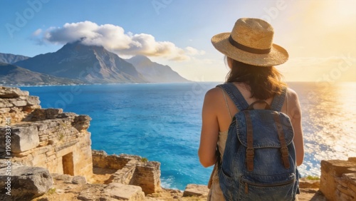 Female traveler with backpack overlooking blue sea and coastal ruins,solo travel adventure freedom exploration lifestyle vacation destination and scenic Mediterranean landscape inspiration