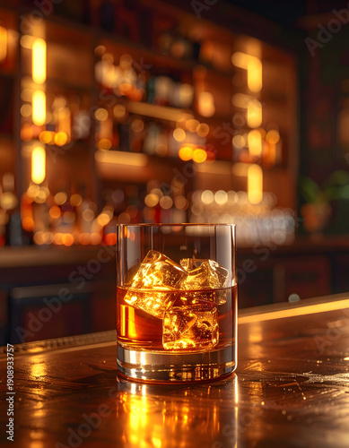 Whiskey with Ice on Bar Counter, Blurred Bar Background, Warm Lighting, Stock Media