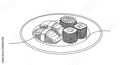 Sushi Platter with Roe and Rolls in Minimalist Line Art Style