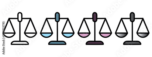 Four balanced scales of justice icons in flat design with blue and purple weights for legal fairness concept