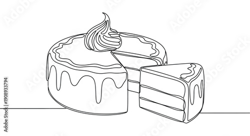 Decorated Cake with a Slice Removed in Minimalist Line Art