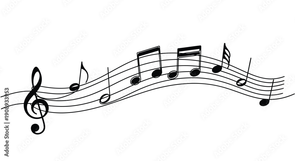 Naklejka premium Wavy Music Notes and Treble Clef, Continuous Line Drawing