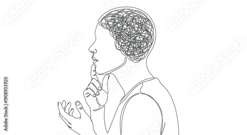 One Line Drawing of Person Thinking with Tangled Thoughts