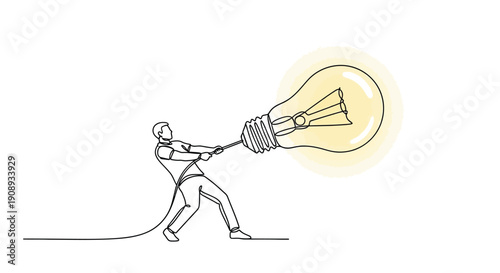 Man Pulling Light Bulb Idea with Rope, Continuous Line Art