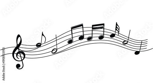 Wavy Music Notes and Treble Clef, Continuous Line Drawing