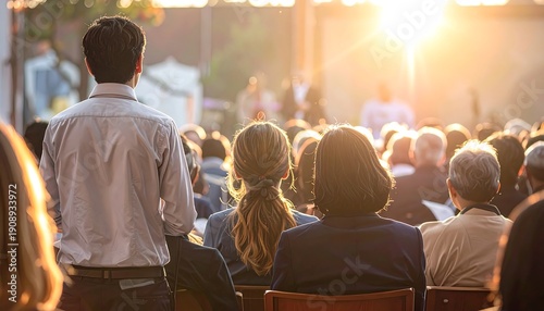 Audience at an outdoor event bathed in warm sunlight.