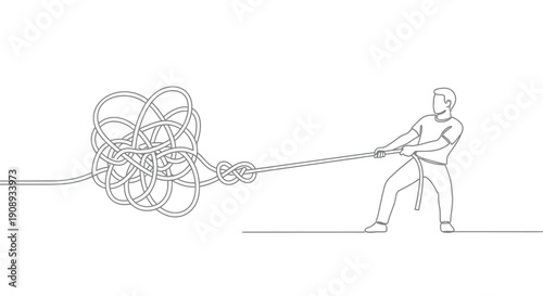 Man Untangling Messy Rope, Continuous Line Art