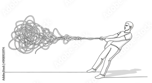 Man Pulling Tangled Rope, Continuous Line Concept Art