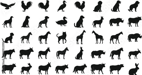 Large animal silhouettes bundle, farm livestock and wild creatures collection, black vector icons isolated on white background