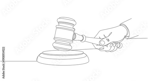 Hand holding gavel, auction or law concept, single line drawing