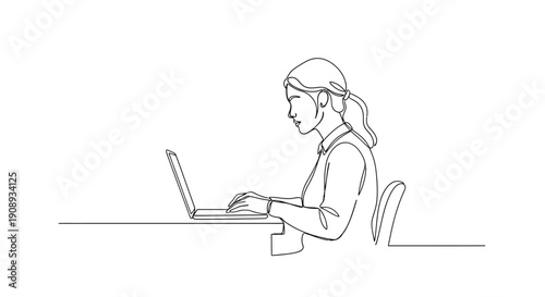 Woman working on laptop, single line drawing, minimalist