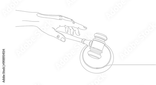 Hand reaching for gavel, single line drawing, legal concept