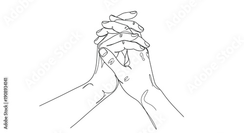 Praying hands, single line drawing, minimalist, white background