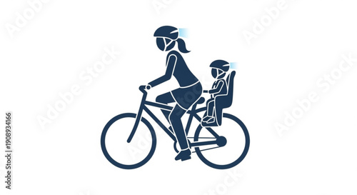 Mother Riding Bicycle with Child in Rear Seat, Silhouette Illustration