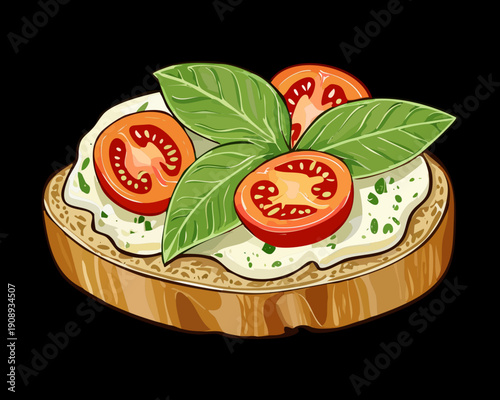 Caprese bruschetta toast with cream cheese tomato slices and fresh basil leaves on wooden board - Vector Illustration