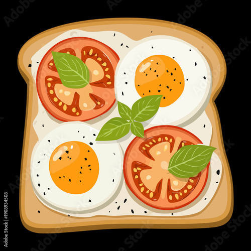 Fried eggs on toast with tomato slices and fresh basil leaves for healthy morning breakfast - Vector Illustration