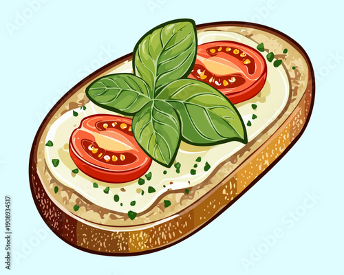 Crispy bruschetta appetizer with cream cheese tomato slices and basil leaves on toasted bread slice - Vector Illustration