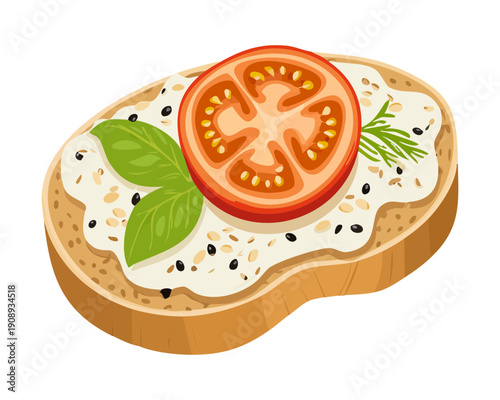 Toasted bread slice topped with cream cheese tomato and basil leaf for healthy snack appetizer - Vector Illustration