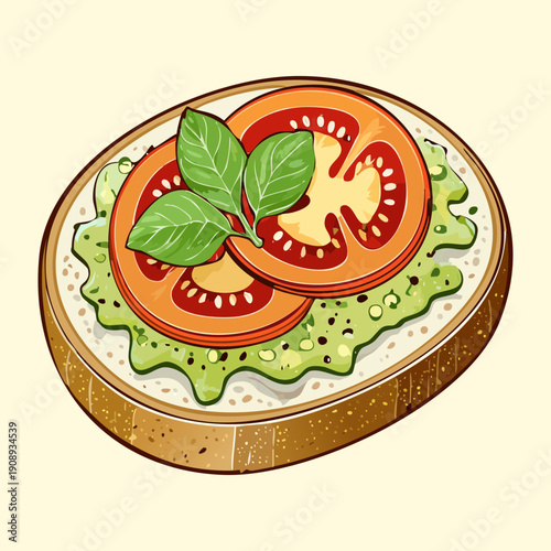 Italian bruschetta toast with mashed avocado tomato slices and fresh green basil leaves garnish - Vector Illustration