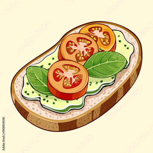 Mediterranean tomato bruschetta with cheese and basil leaves served on a light yellow background - Vector Illustration