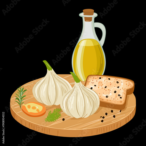 Quadro su tela Olive oil bottle with garlic bulbs and toast bread served on a rustic wooden boa