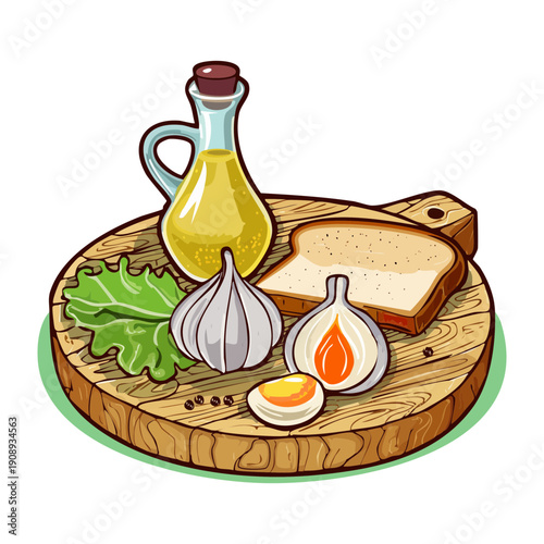 Healthy garlic bread appetizers with olive oil bottle and fresh herbs on wooden board plate - Vector Illustration