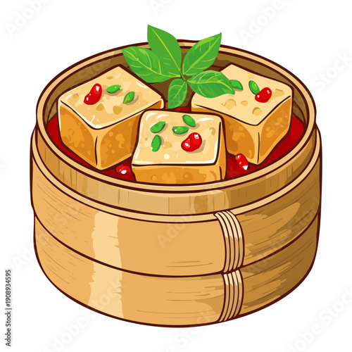 Healthy steamed tofu squares served in traditional bamboo steamer basket with fresh herb garnish decoration - Vector Illustration