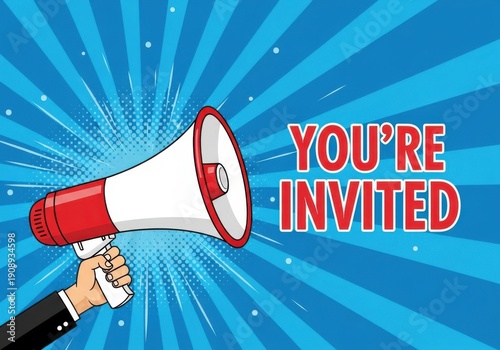 Cartoon hand holding megaphone with youre invited text on blue background