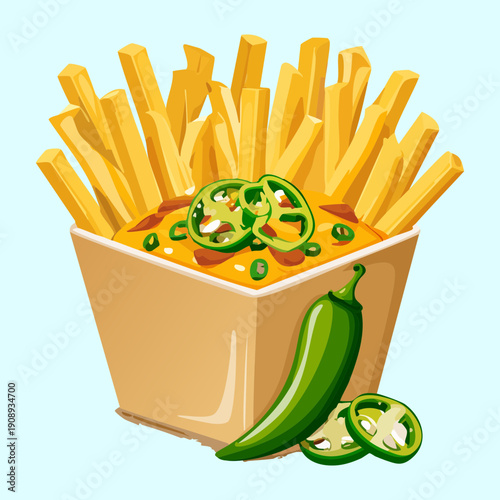 French fries topped with melted cheese and green jalapenos for a delicious and spicy snack - Vector Illustration