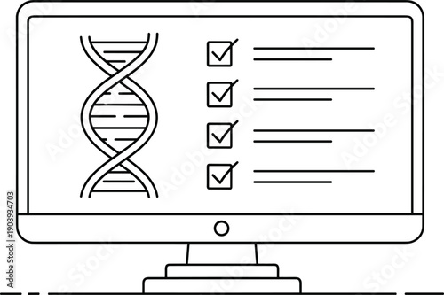 DNA double helix genetic testing results on computer screen with checklist for biotechnology research genomic data and laboratory analysis