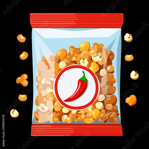 Packaged chili popcorn for a spicy and delicious snack to enjoy with friends and family - Vector Illustration