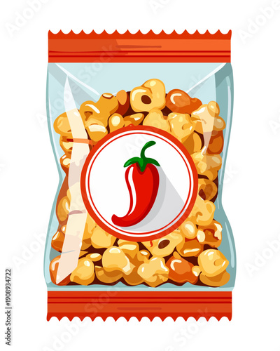 Crunchy spicy popcorn in a clear bag for a tasty and quick snack option anytime - Vector Illustration