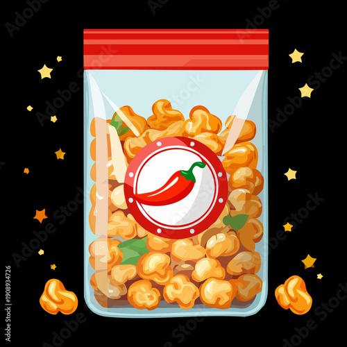 Packaged spicy popcorn snack for a quick and flavorful treat during movie night or party - Vector Illustration
