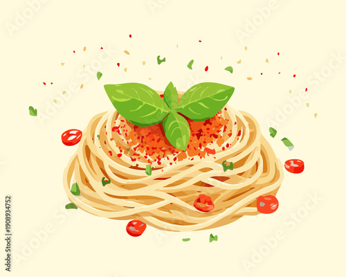 Healthy spaghetti pasta with tomato sauce and fresh basil on a light plate for lunch - Vector Illustration