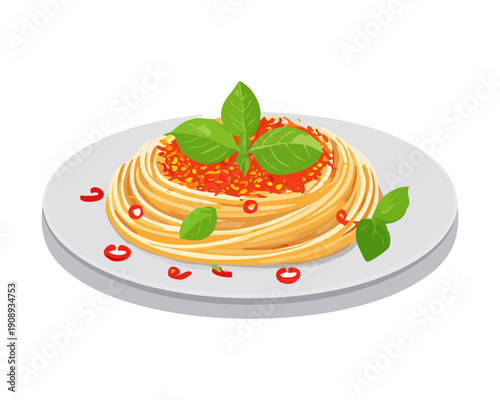 Plate of spaghetti pasta with tomato sauce and basil for a traditional Italian dinner meal - Vector Illustration