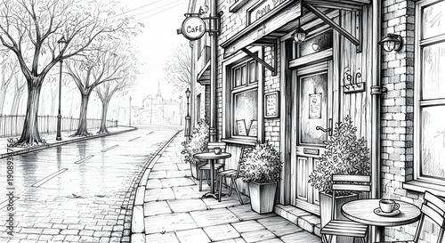 pencil drawing sketch A small cafe on the side of the road.