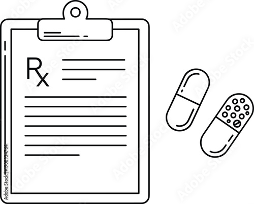 Medical prescription clipboard with rx symbol and capsule pills line icon for pharmacy healthcare medication management and treatment