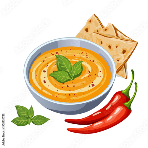 Delicious tomato soup in a bowl with crackers and fresh basil for a healthy lunch - Vector Illustration