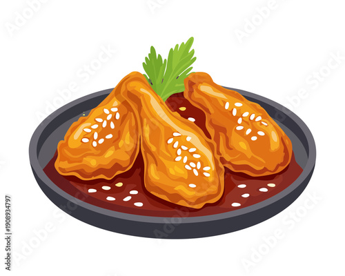 Plate of golden fried chicken wings with sesame seeds for a tasty and crispy snack - Vector Illustration